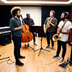 **Musical Collaboration in a Studio**: Create an image of a diverse group of musicians collaborating in a modern music studio. They are engaged in a lively discussion about musical terms like "tonality" and "modulation," with instruments and recording equipment around them. The atmosphere should be creative and collaborative.