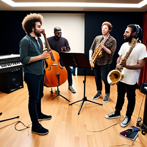 **Musical Collaboration in a Studio**: Create an image of a diverse group of musicians collaborating in a modern music studio. They are engaged in a lively discussion about musical terms like "tonality" and "modulation," with instruments and recording equipment around them. The atmosphere should be creative and collaborative.