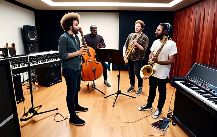 **Musical Collaboration in a Studio**: Create an image of a diverse group of musicians collaborating in a modern music studio. They are engaged in a lively discussion about musical terms like "tonality" and "modulation," with instruments and recording equipment around them. The atmosphere should be creative and collaborative.