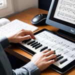 A focused individual, fully clothed in professional, modest attire, sitting at a well-lit wooden desk. They are deeply engaged with learning music theory, interacting with an open music theory book, sheet music, and a tablet displaying an interactive music learning application with clear visual representations of notes and scales. The background is a cozy, modern home study with natural light. The subject has perfect anatomy, correct proportions, natural pose, well-formed hands, and proper finger count. This image is safe for work, appropriate content, fully clothed, and professional.