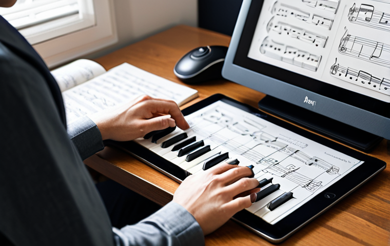 A focused individual, fully clothed in professional, modest attire, sitting at a well-lit wooden desk. They are deeply engaged with learning music theory, interacting with an open music theory book, sheet music, and a tablet displaying an interactive music learning application with clear visual representations of notes and scales. The background is a cozy, modern home study with natural light. The subject has perfect anatomy, correct proportions, natural pose, well-formed hands, and proper finger count. This image is safe for work, appropriate content, fully clothed, and professional.